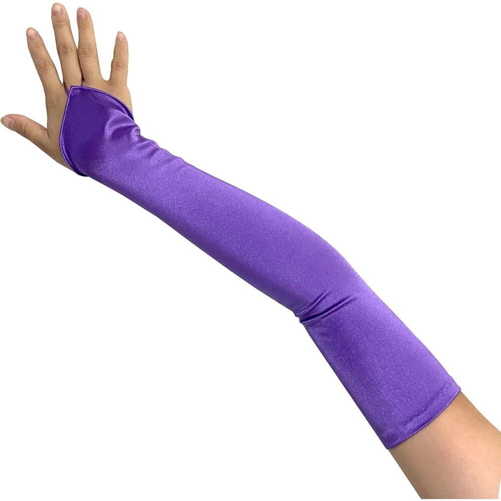 Women's Purple Finger Loop Fingerless Long Satin Gloves Wedding Party Prom